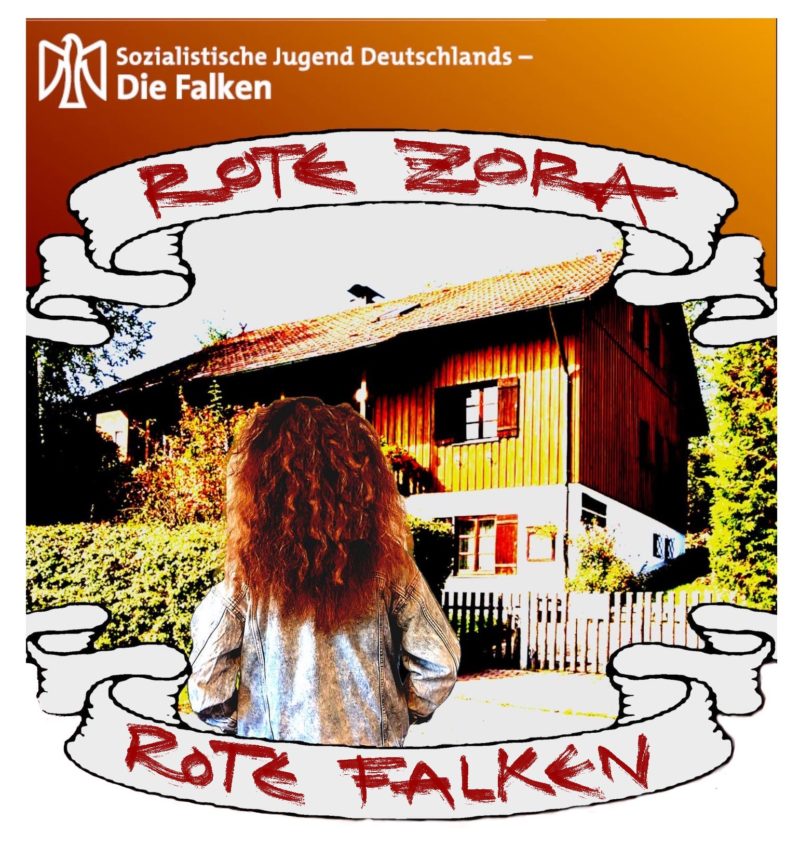 Ein rothaariges Mädchen steht vor einem Haus. Umrahmt vom Text Rote Zora - Rote Falken